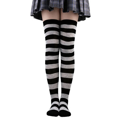 Women's Striped Thigh High Stockings – Black, White & Pink