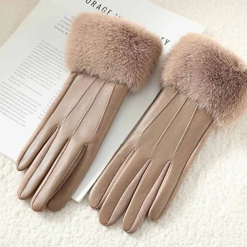 Women's Leather Gloves with Faux Fur Cuff, Touchscreen Winter Warmth