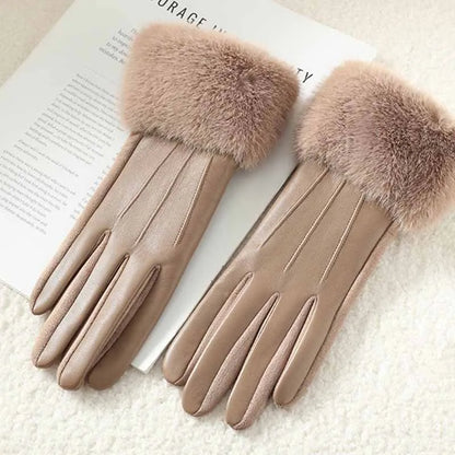 Women's Leather Gloves with Faux Fur Cuff, Touchscreen Winter Warmth