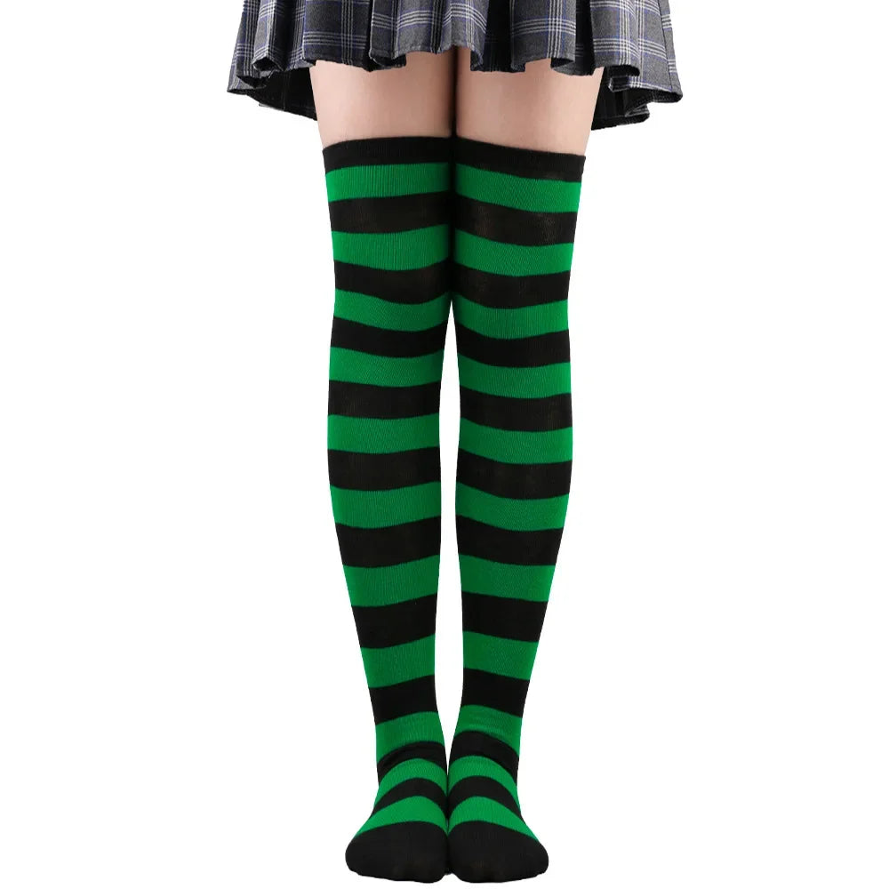 Women's Striped Thigh High Stockings – Black, White & Pink