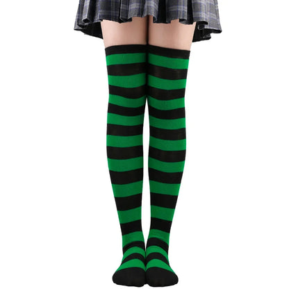 Women's Striped Thigh High Stockings – Black, White & Pink