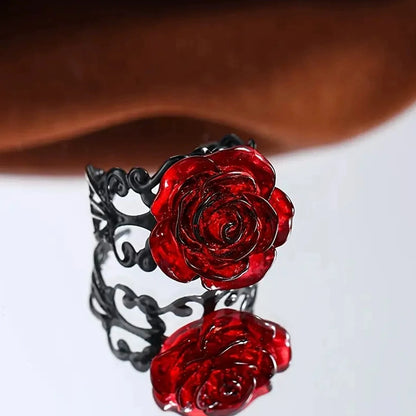 Gothic Rose Ring, Red Rose Black Vine Jewelry for Women