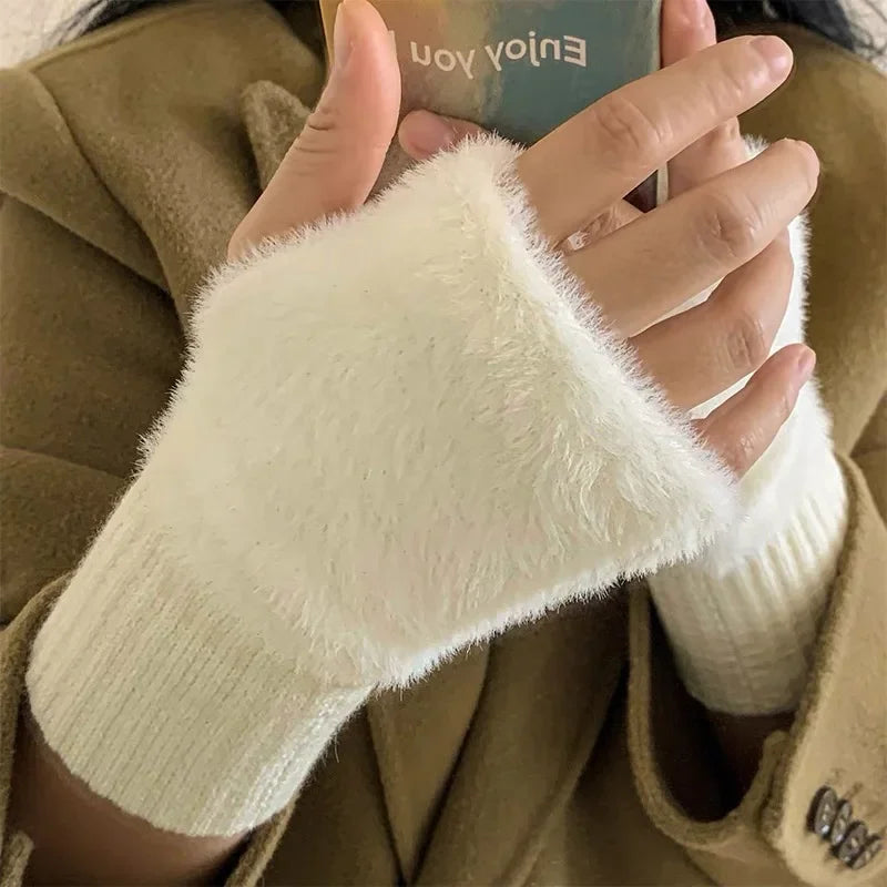Women's Fingerless Gloves, Plush Warm Knitted Winter Mittens