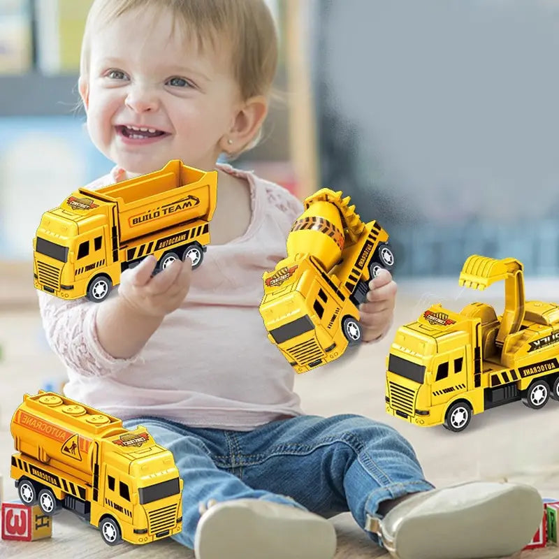 Pull Back Construction Vehicles Set of 4 Friction Powered Toy Cars