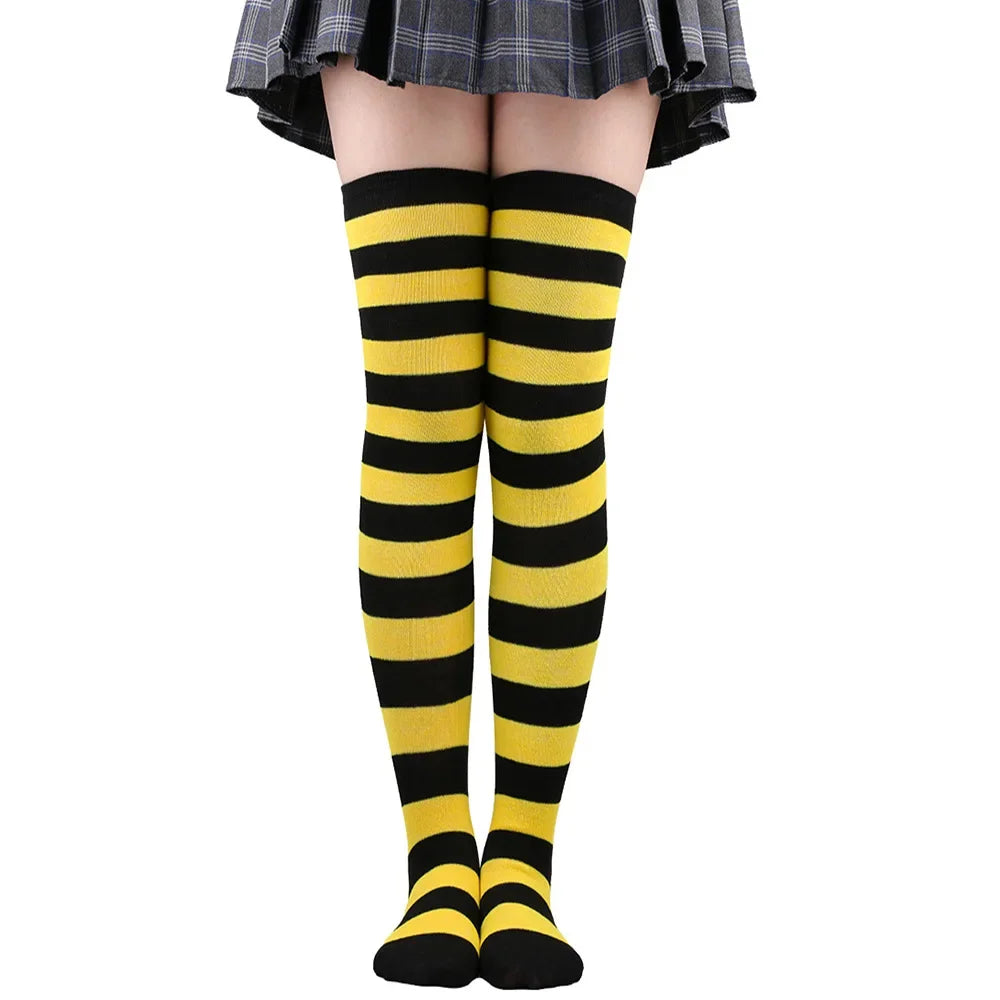 Women's Striped Thigh High Stockings – Black, White & Pink