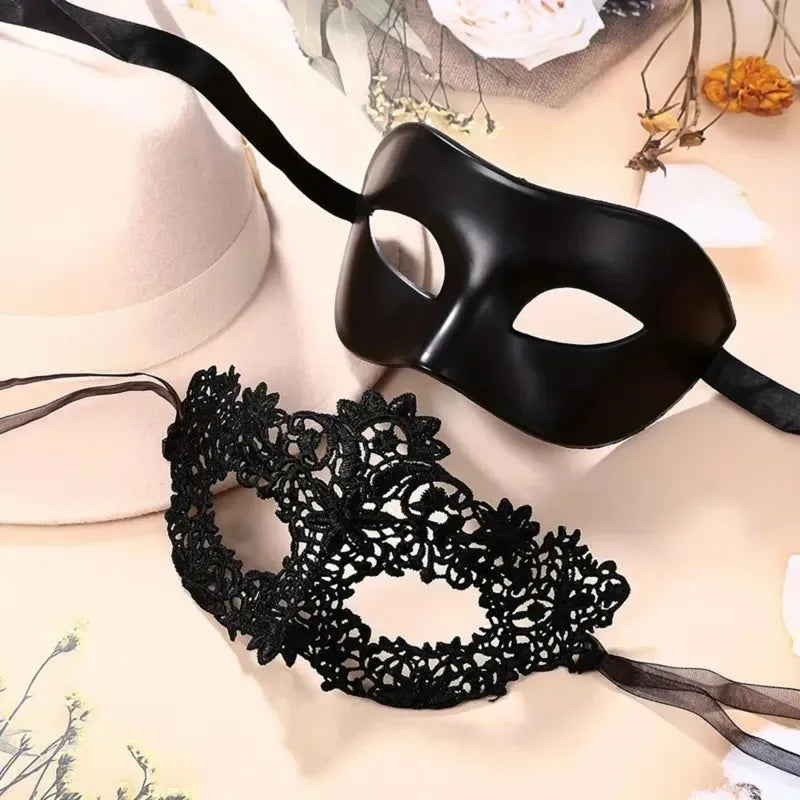 Couples Masquerade Masks – Black Lace & Half-Face Set