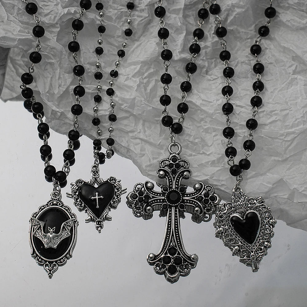 Gothic Pendant Necklace, Y2K Beaded Heart Design for Unisex Style
