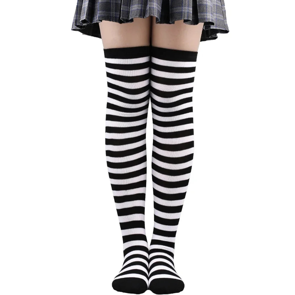 Women's Striped Thigh High Stockings – Black, White & Pink