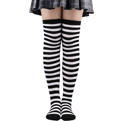 Women's Striped Thigh High Stockings – Black, White & Pink