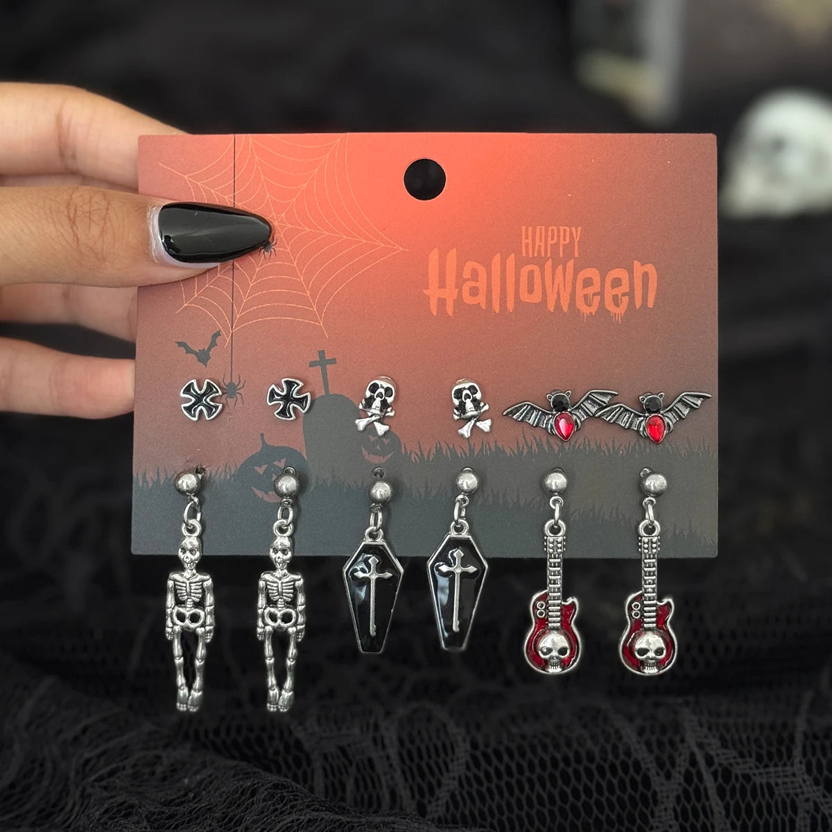 Halloween Gothic Earrings, Red Crystal Skull Drop Jewelry