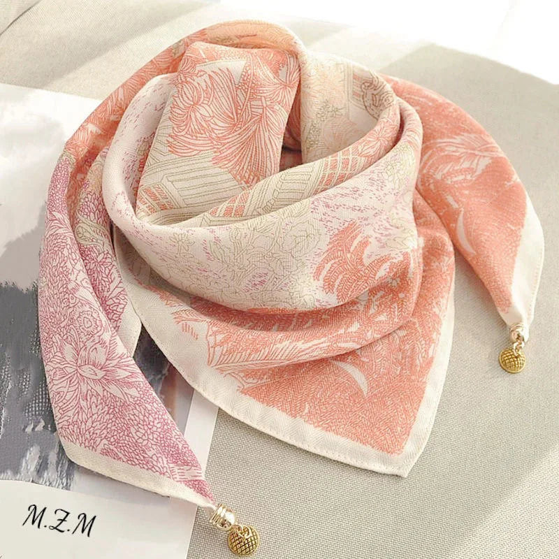 Silk Scarf for Women with Magnetic Buckle, Printed Square Design