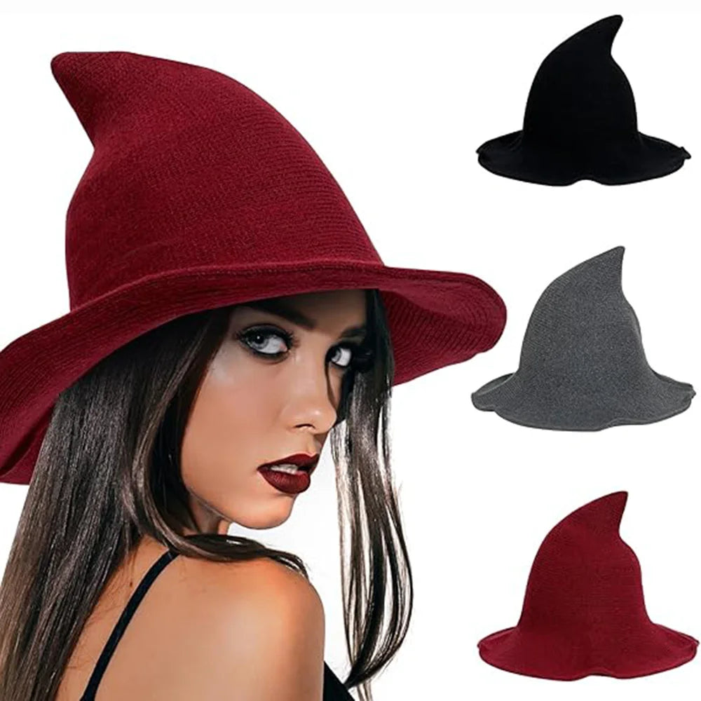 Halloween Witch Hat Long Point Knitted Cap with Wide Brim for Adults
