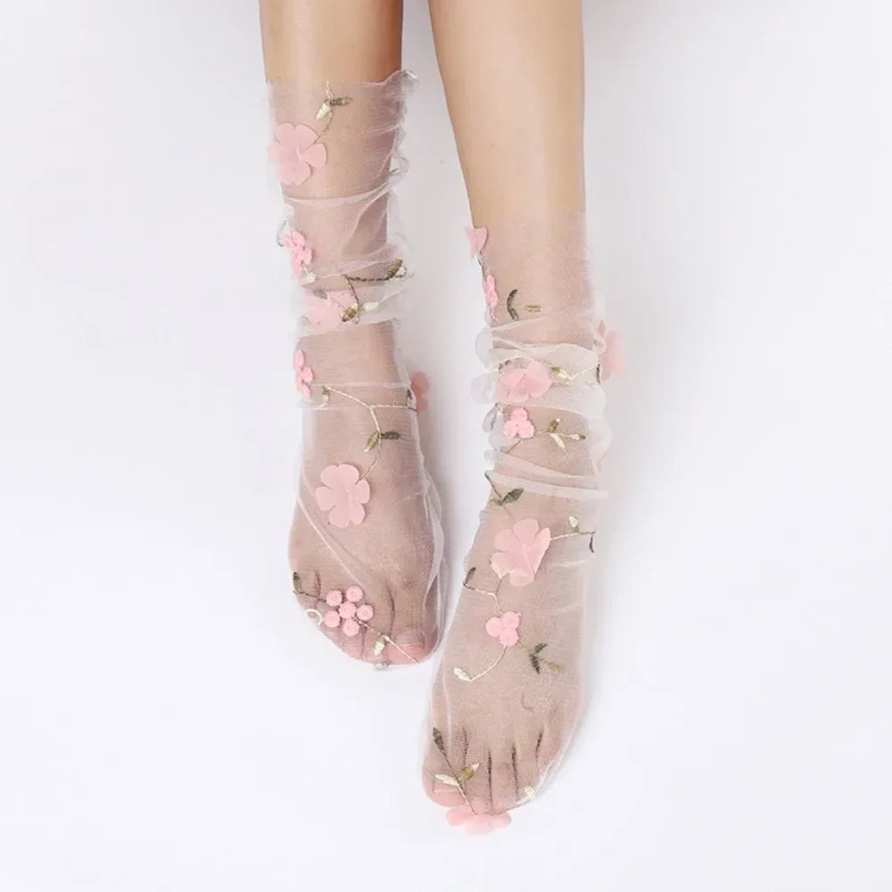Women's Lace Socks, Sheer Floral Mesh Ankle Socks