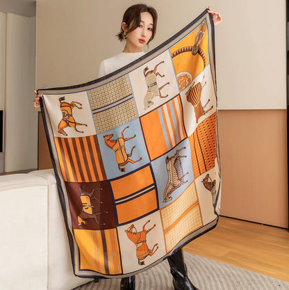 Women's Square Scarf 110x110cm Silk Feel Horse Print Shawl