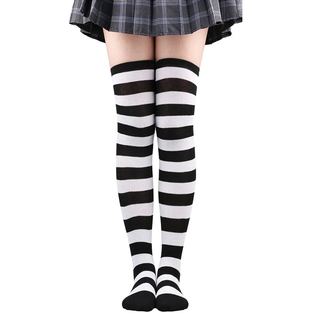 Women's Striped Thigh High Stockings – Black, White & Pink