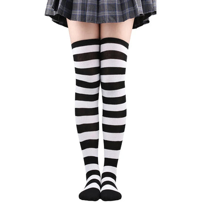 Women's Striped Thigh High Stockings – Black, White & Pink