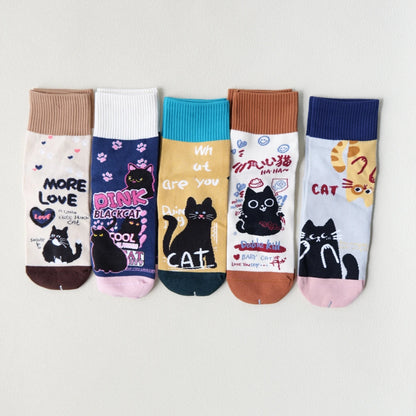 Women's Crew Socks with Cat Patterns, 5 Pairs