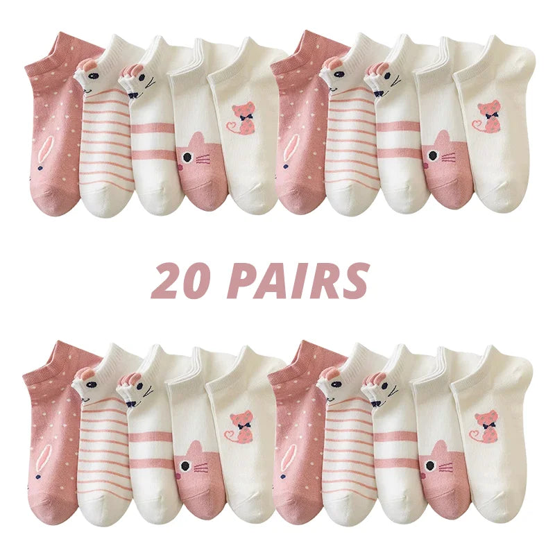 Women's Boat Socks Cute Cat Pattern Low Cut 5 Pairs