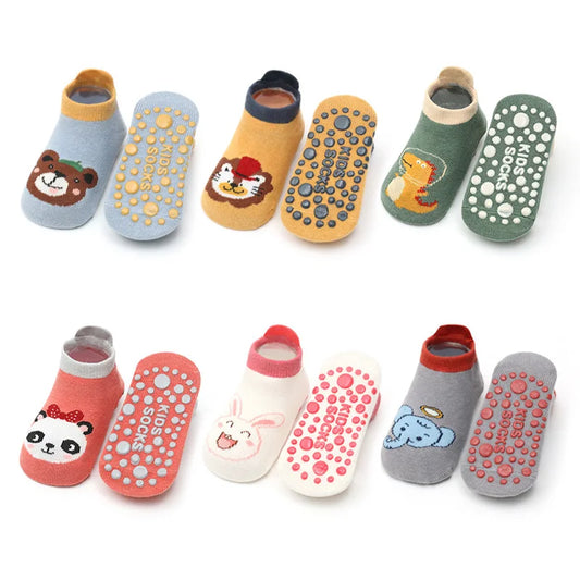 Kids Non Slip Socks, Cotton Cartoon Animal Floor Socks 6 Pairs