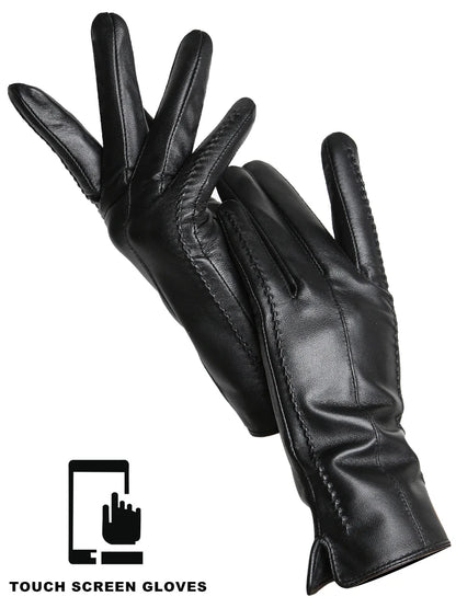 Women's Leather Winter Gloves, Sheepskin Touch Screen Driving
