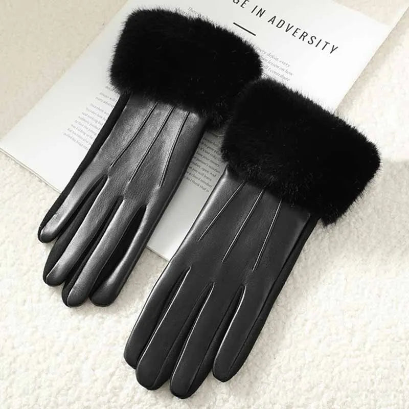 Women's Leather Gloves with Faux Fur Cuff, Touchscreen Winter Warmth