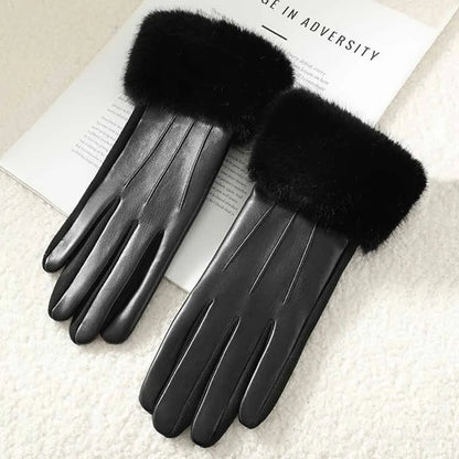 Women's Leather Gloves with Faux Fur Cuff, Touchscreen Winter Warmth