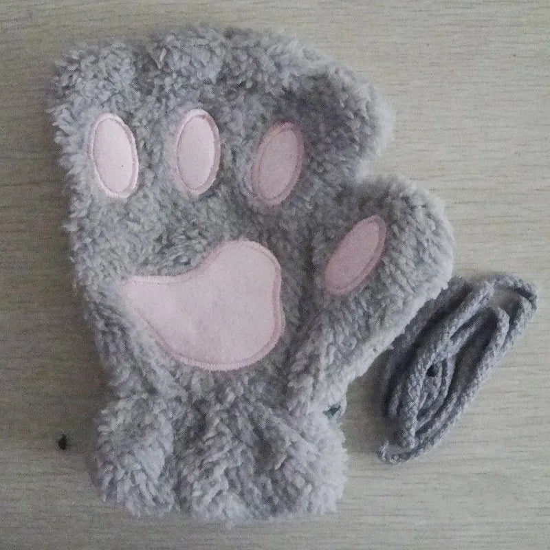 Fingerless Plush Gloves Warm Animal Paw Mittens for Adults