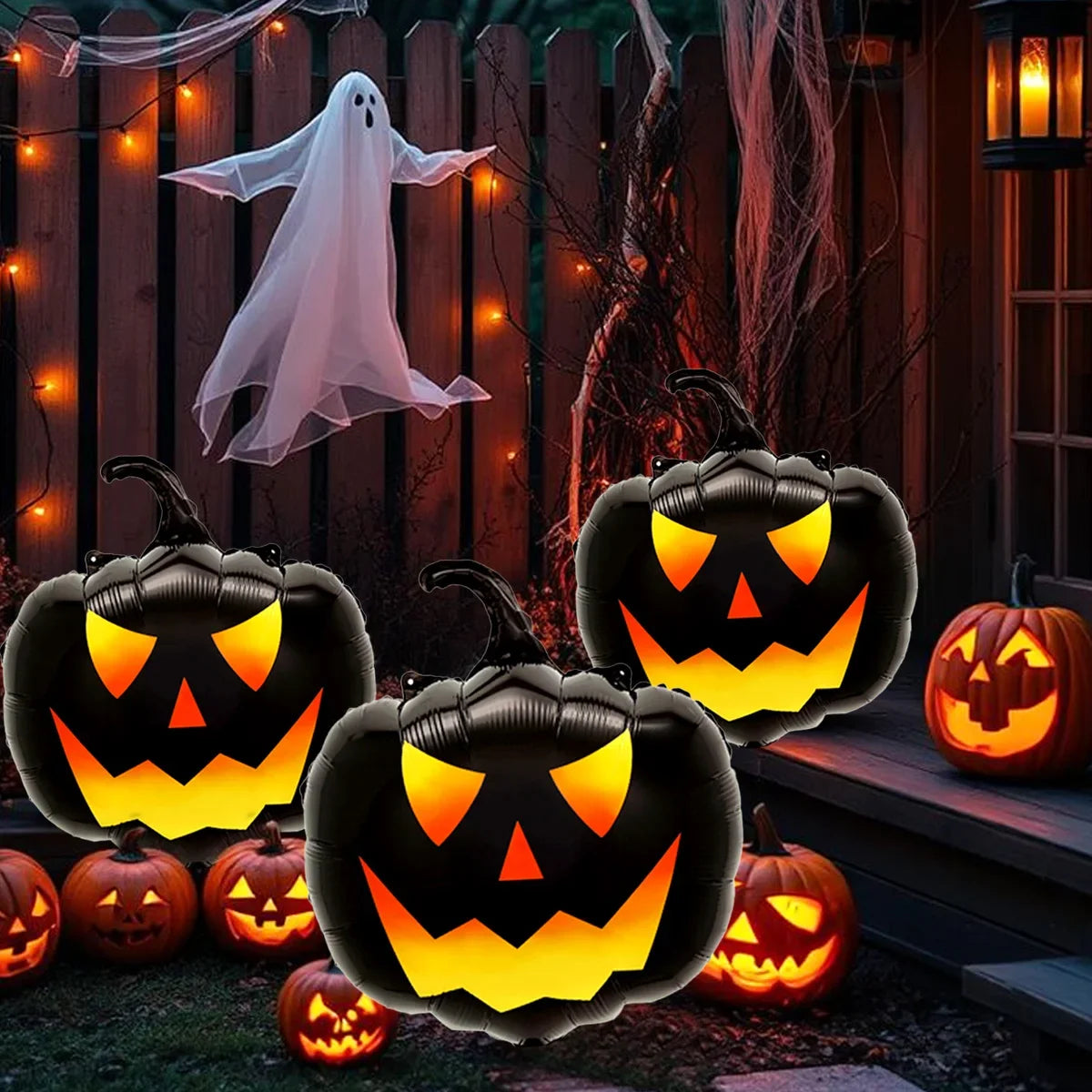 Halloween Pumpkin Balloons, Black Foil Party Decorations 3-Piece Set