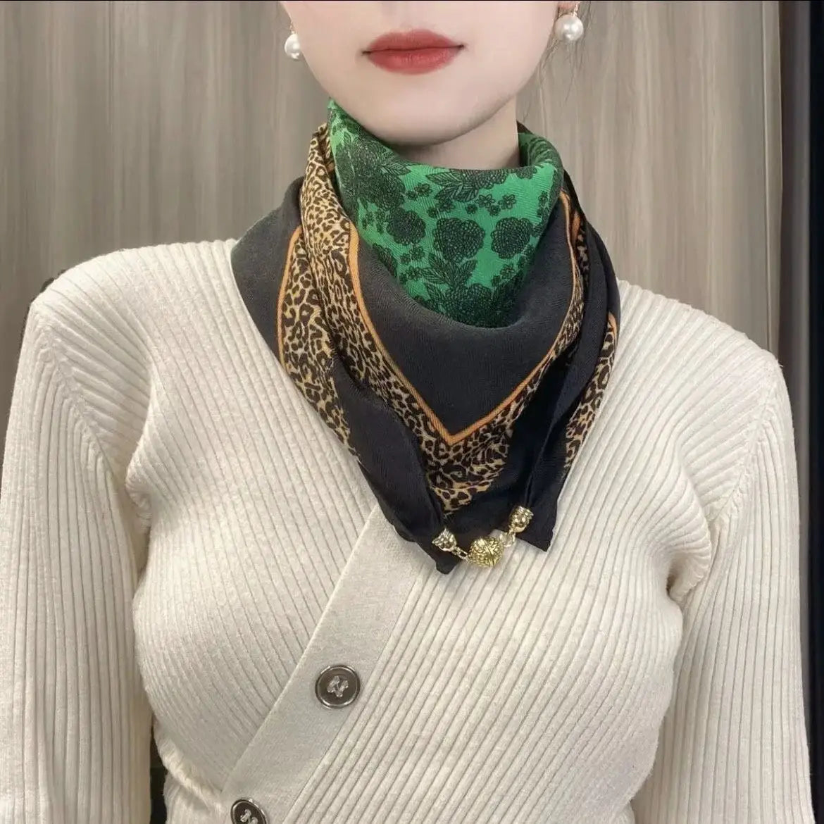 Silk Scarf for Women with Magnetic Buckle, Printed Square Design