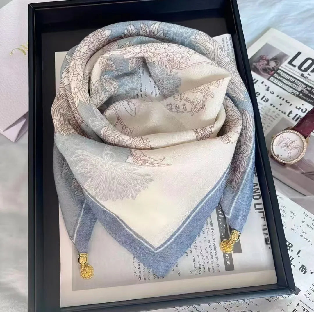 Silk Scarf for Women with Magnetic Buckle, Printed Square Design