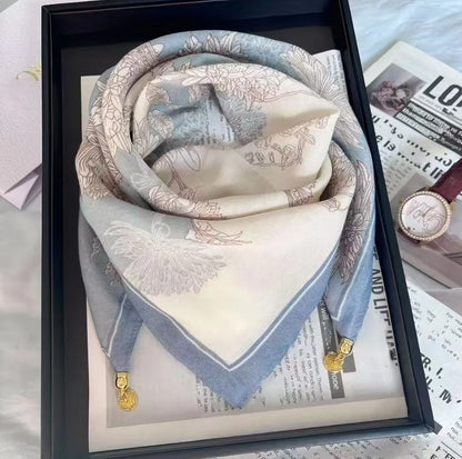 Silk Scarf for Women with Magnetic Buckle, Printed Square Design