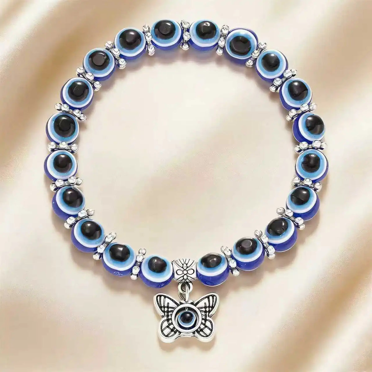 Evil Eye Bracelet, Blue Beaded Butterfly Charm Jewelry