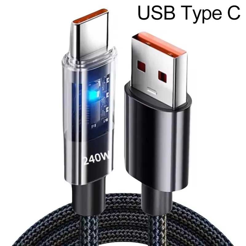 240W USB C Cable with LED Display – 5A Nylon Fast Charging
