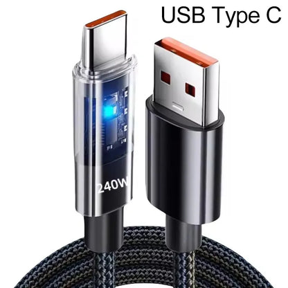 240W USB C Cable with LED Display – 5A Nylon Fast Charging