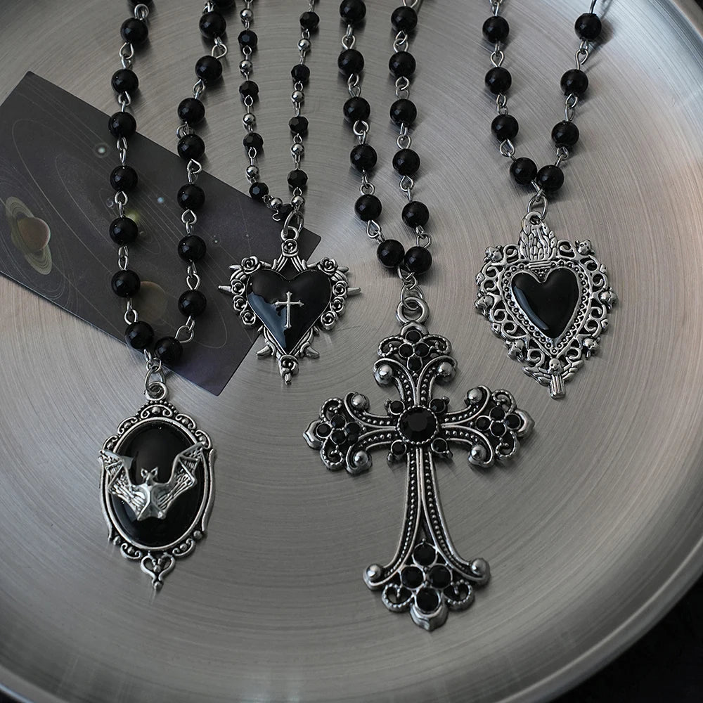 Gothic Pendant Necklace, Y2K Beaded Heart Design for Unisex Style