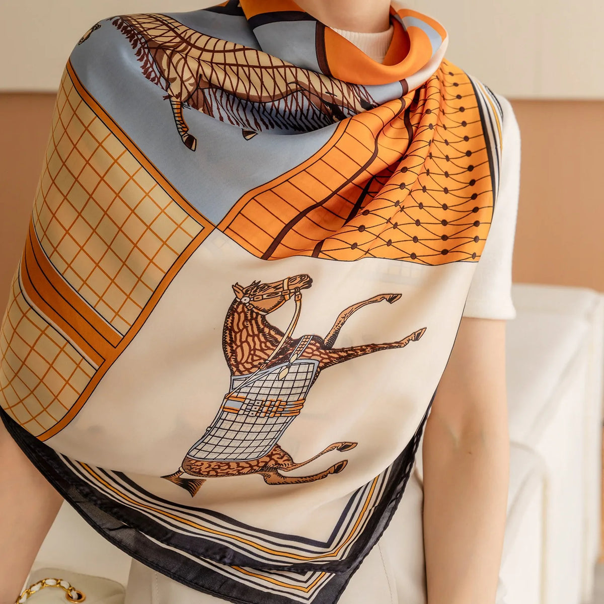 Women's Square Scarf 110x110cm Silk Feel Horse Print Shawl