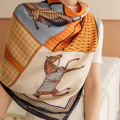 Women's Square Scarf 110x110cm Silk Feel Horse Print Shawl