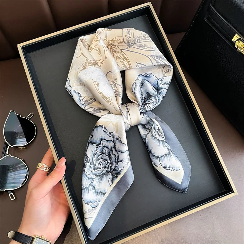 Silk Square Scarf 70x70cm Floral Satin Wrap for Women