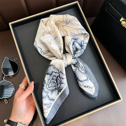 Silk Square Scarf 70x70cm Floral Satin Wrap for Women