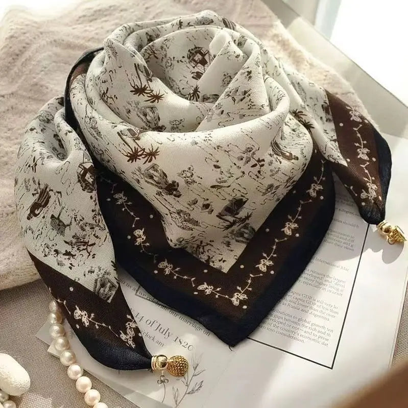 Silk Scarf for Women with Magnetic Buckle, Printed Square Design