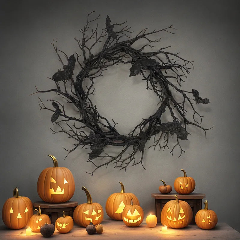 Halloween Bat Wreath with LED Light, Black Branch Door Decor