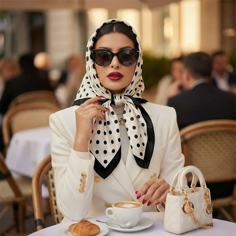 Women’s Square Scarf – Dot Print Silk Feel Head Wrap 90cm