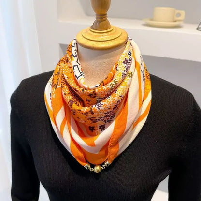 Silk Scarf for Women with Magnetic Buckle, Printed Square Design