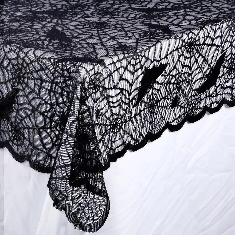 Halloween Tablecloth, Lace Bat and Skull Pattern Rectangular Decor
