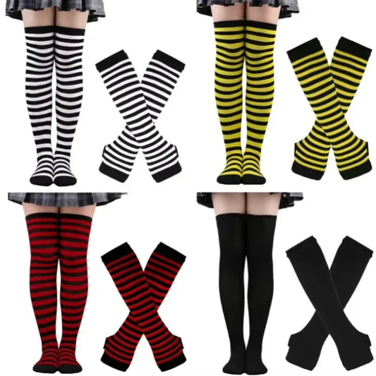 Women’s Thigh High Socks – Striped Cotton Arm Warmer Set