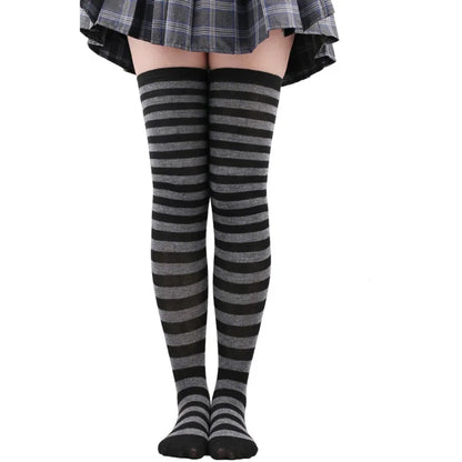 Women's Striped Thigh High Stockings – Black, White & Pink