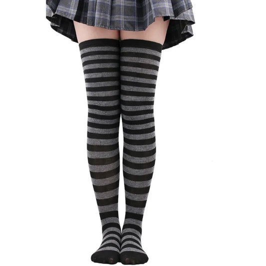 Women's Striped Thigh High Stockings – Black, White & Pink