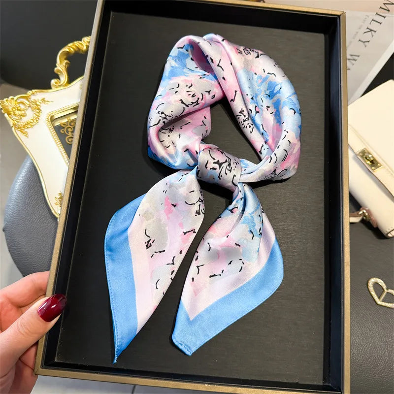 Silk Square Scarf 70x70cm Floral Satin Wrap for Women