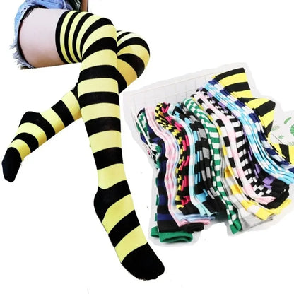 Women's Striped Thigh High Stockings – Black, White & Pink