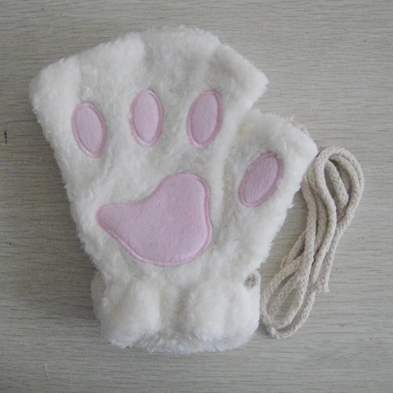 Fingerless Plush Gloves Warm Animal Paw Mittens for Adults